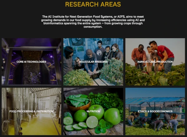 AIFS Forschungsbereiche: Kerntechnologien der KI, molekulare Züchtung, landwirtschaftliche Produktion, Lebensmittelverarbeitung, Ernährung, Ethik