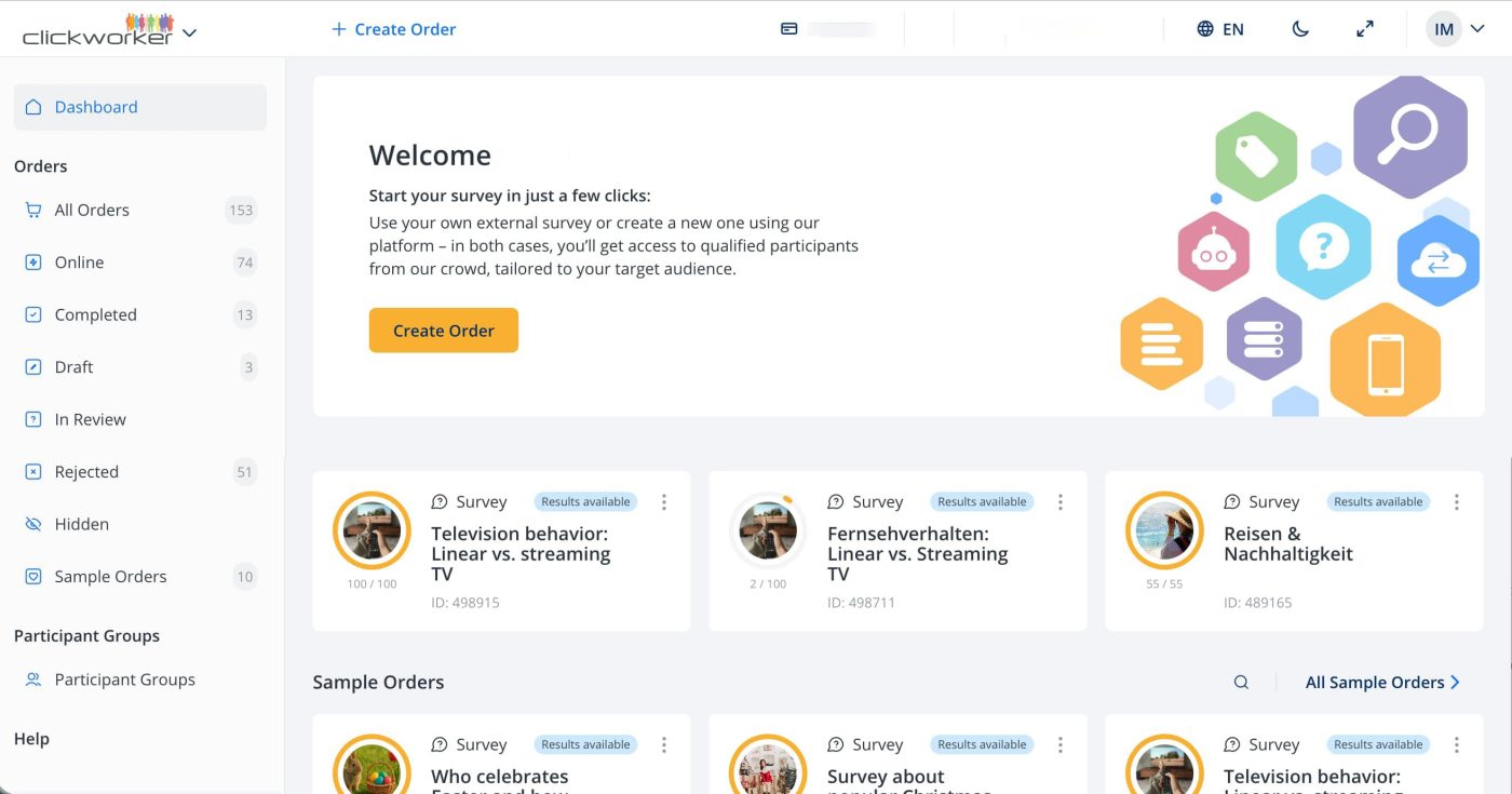 Screenshot des clickworker Umfrage-Tool Dashboards